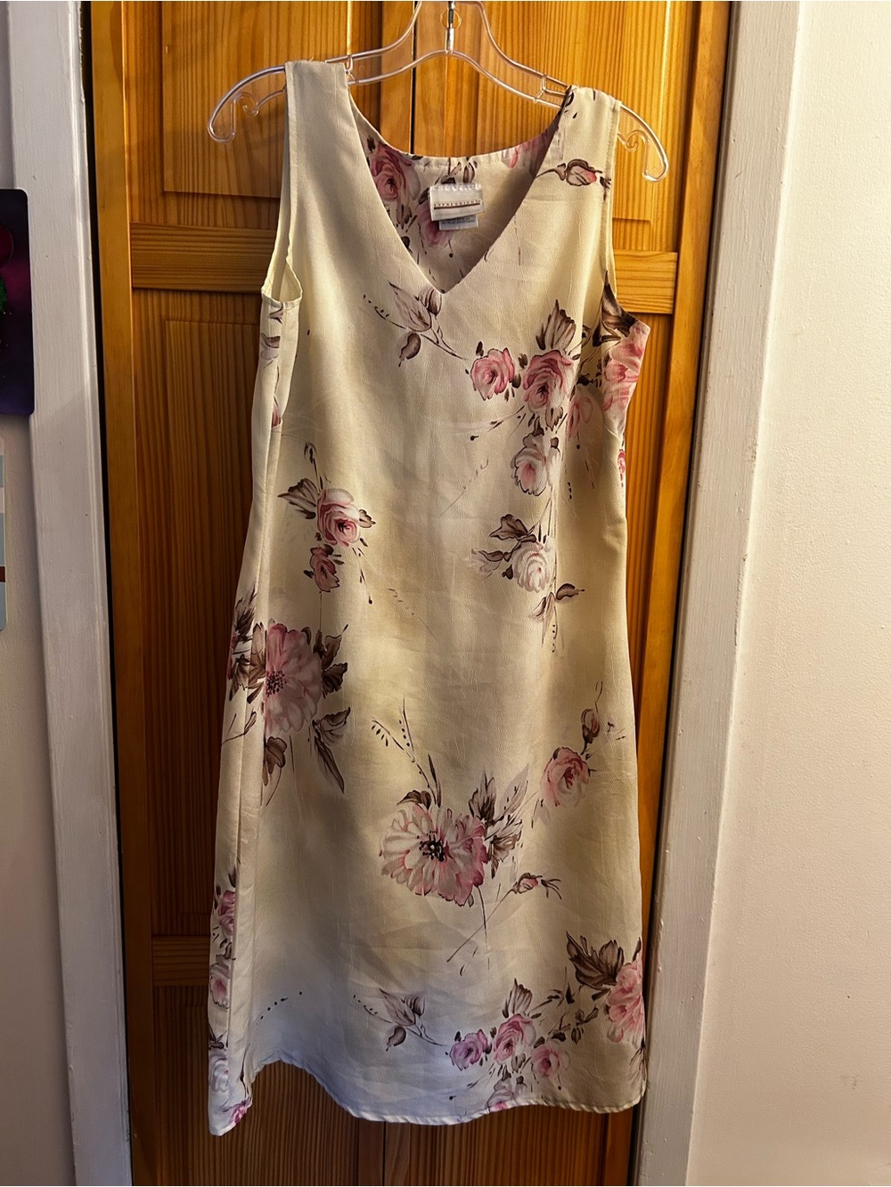 Expressions Cream Sleeveless V-Neck Dress with Pink Floral Print